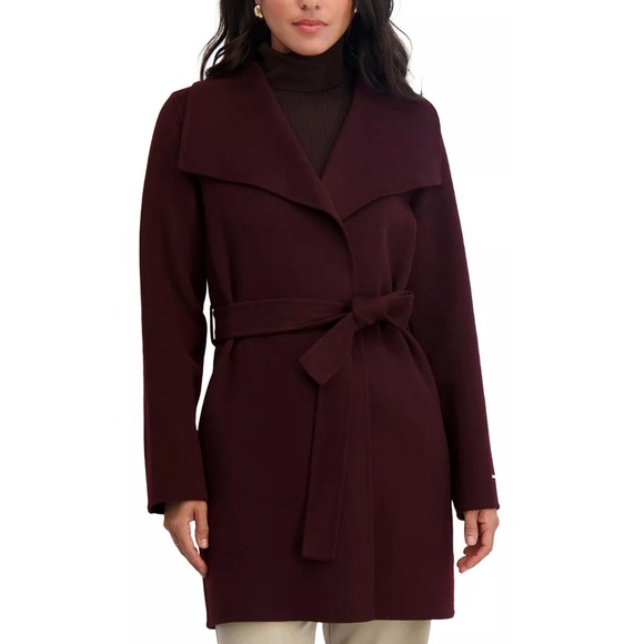 Tahari Ella Belted Wrap Coat Black Cherry Wool‎ Blend Shawl Collar Women's Small